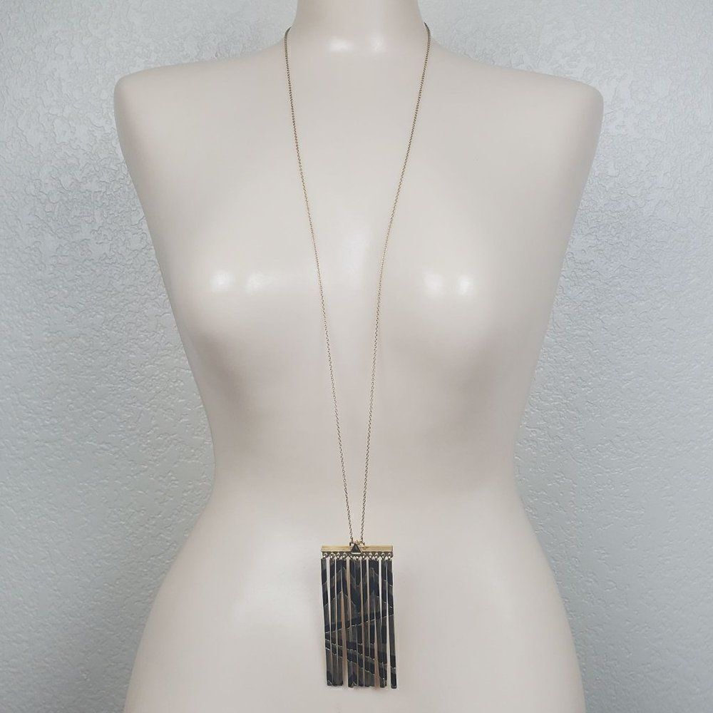 House of Harlow 1960 14K YGP Black Enamel Fringe Southwestern Statement Necklace